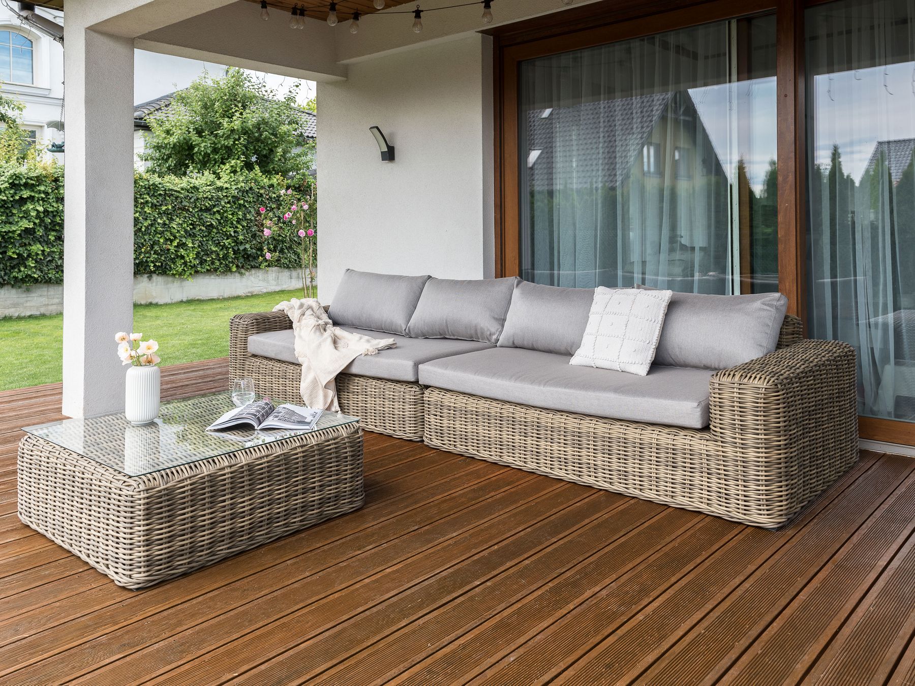Garden Corner Sofa with Ottoman 6 Seater PALERMO Modular PE Rattan Light Brown