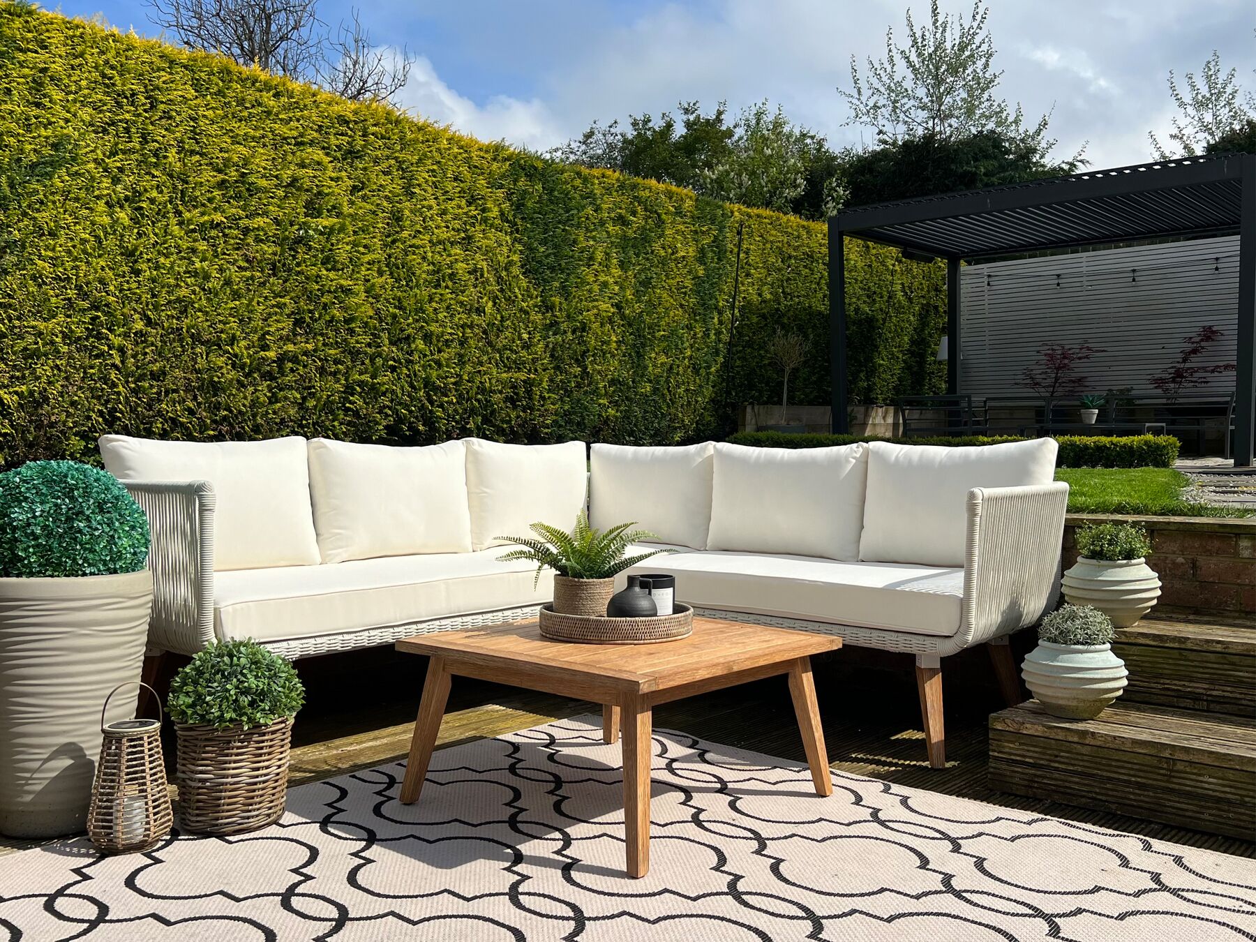 Garden Corner Sofa with Table 5 Seater ALCAMO Left Hand Acacia Wood Light Beige