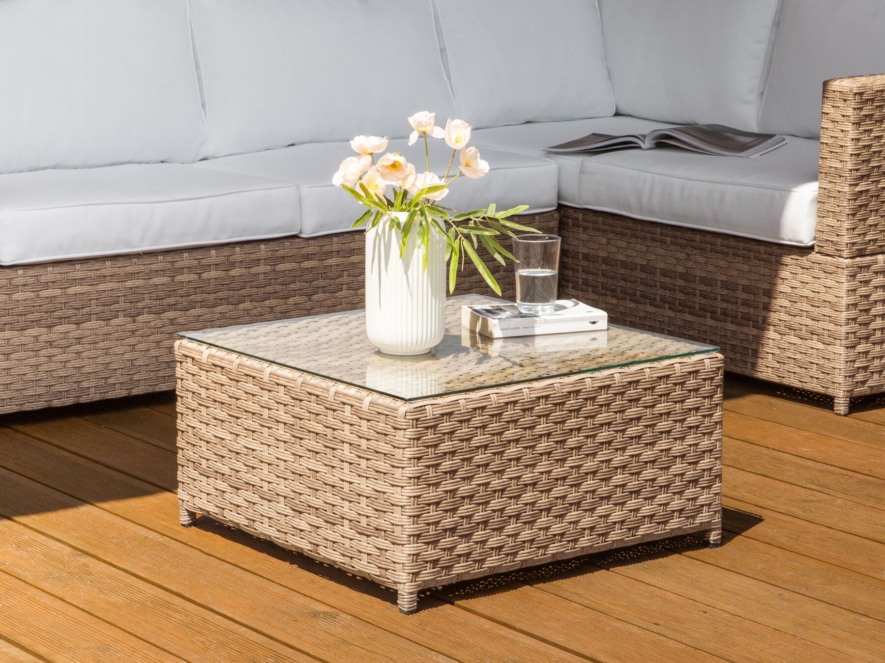 Garden Corner Sofa with Table 4 Seater Left Hand Rattan Off-White
