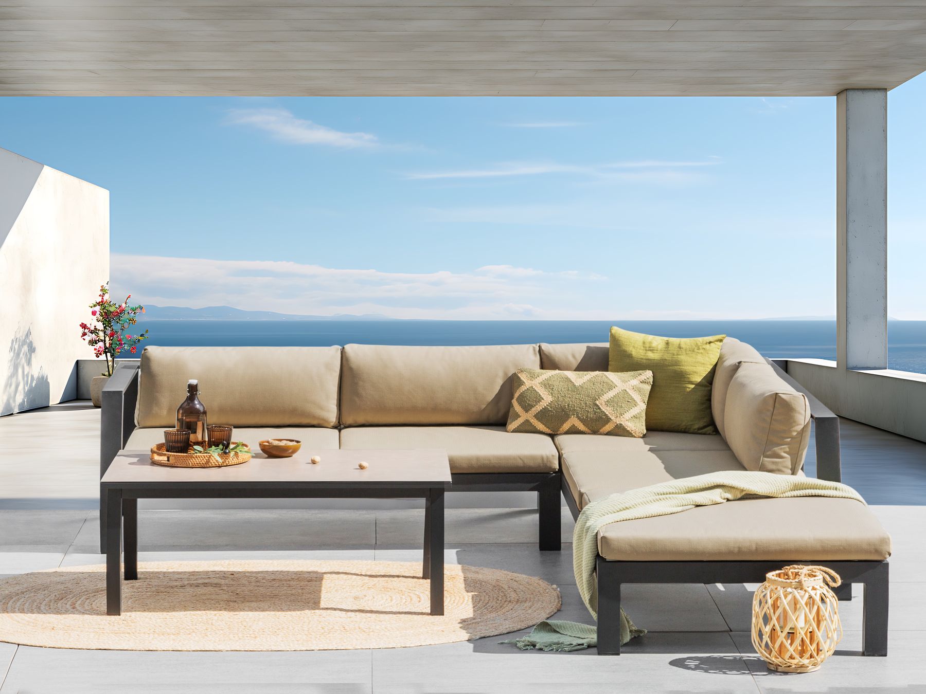 Garden Corner Sofa with Table 5 Seater MESSINA Left Hand Metal Sand Beige