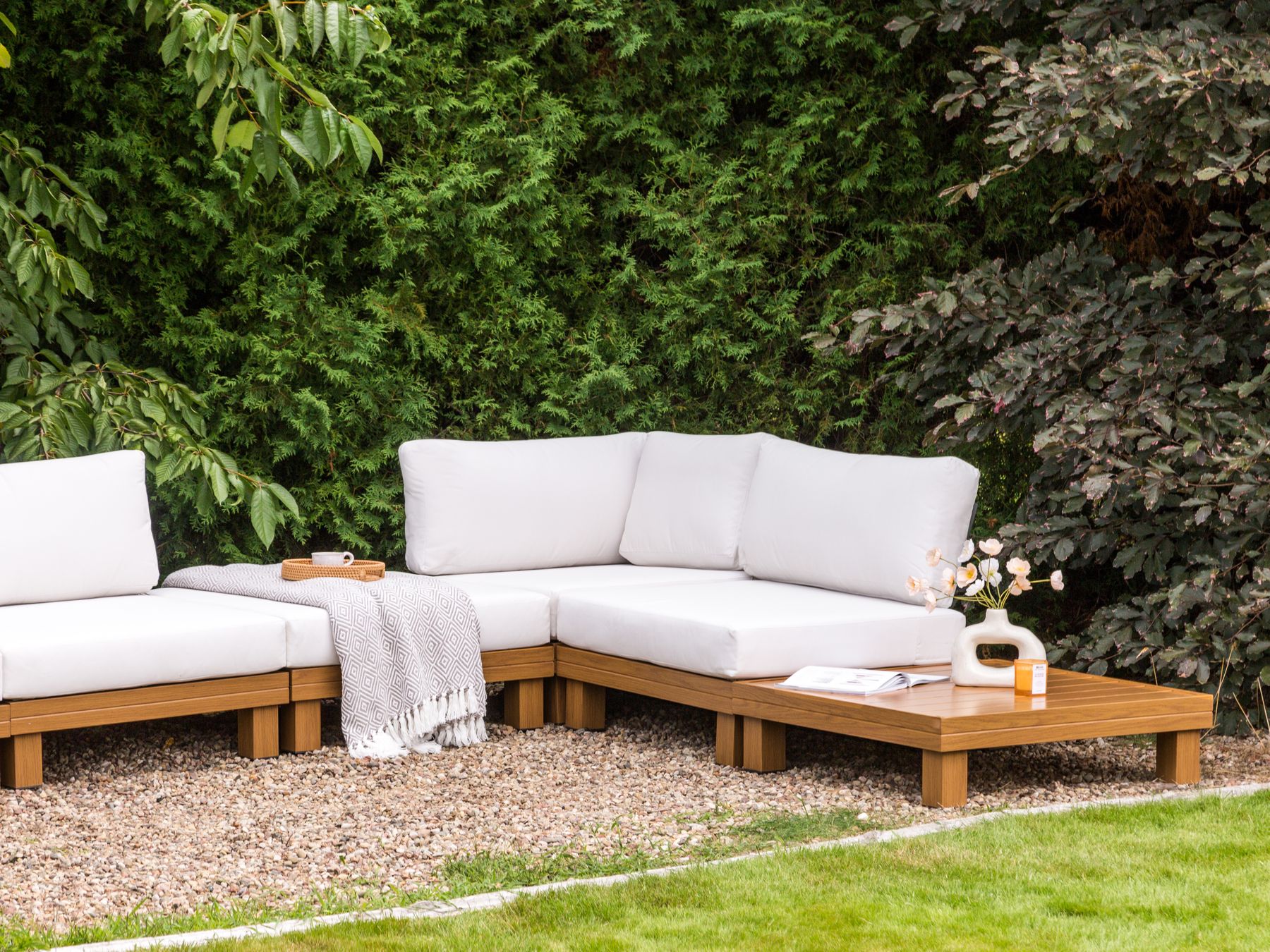 Garden Corner Sofa with Table 5 Seater SANZA Left Hand Modular Metal White