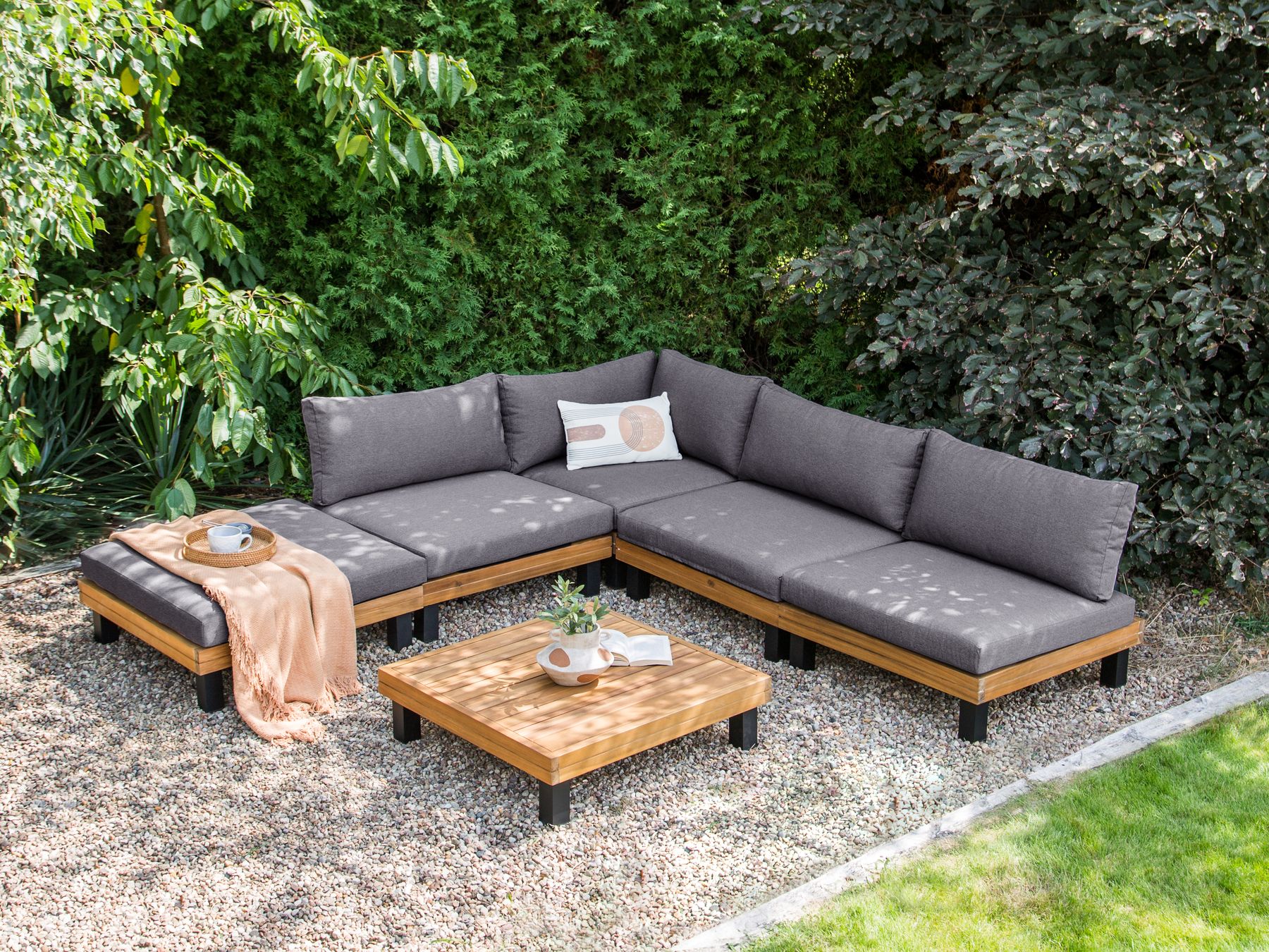 Garden Corner Sofa with Table 5 Seater FRAZZANO Modular Certified Acacia Wood Grey
