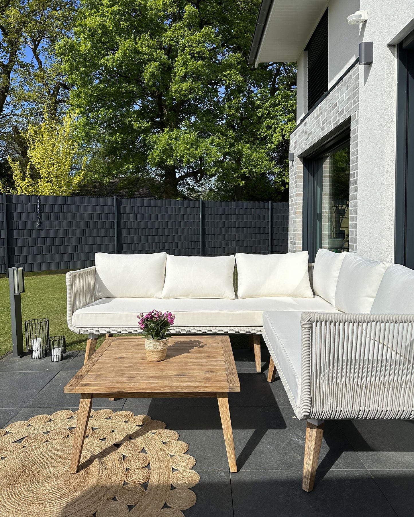 Garden Corner Sofa with Table 5 Seater ALCAMO Left Hand Acacia Wood Light Beige