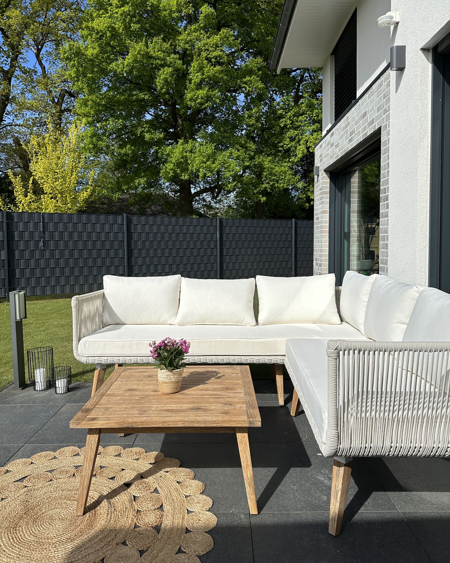 Garden Corner Sofa with Table 5 Seater ALCAMO Left Hand Acacia Wood Light Beige