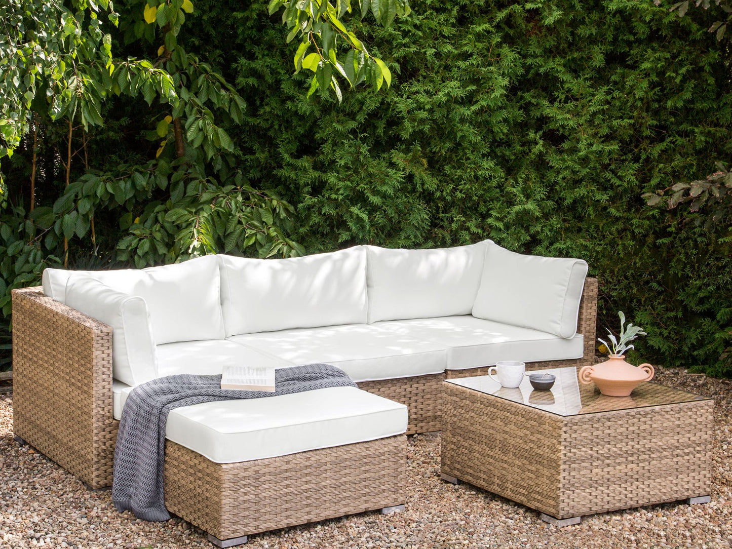Garden Corner Sofa with Table 4 Seater SANO Right Hand Modular PE Rattan Natural