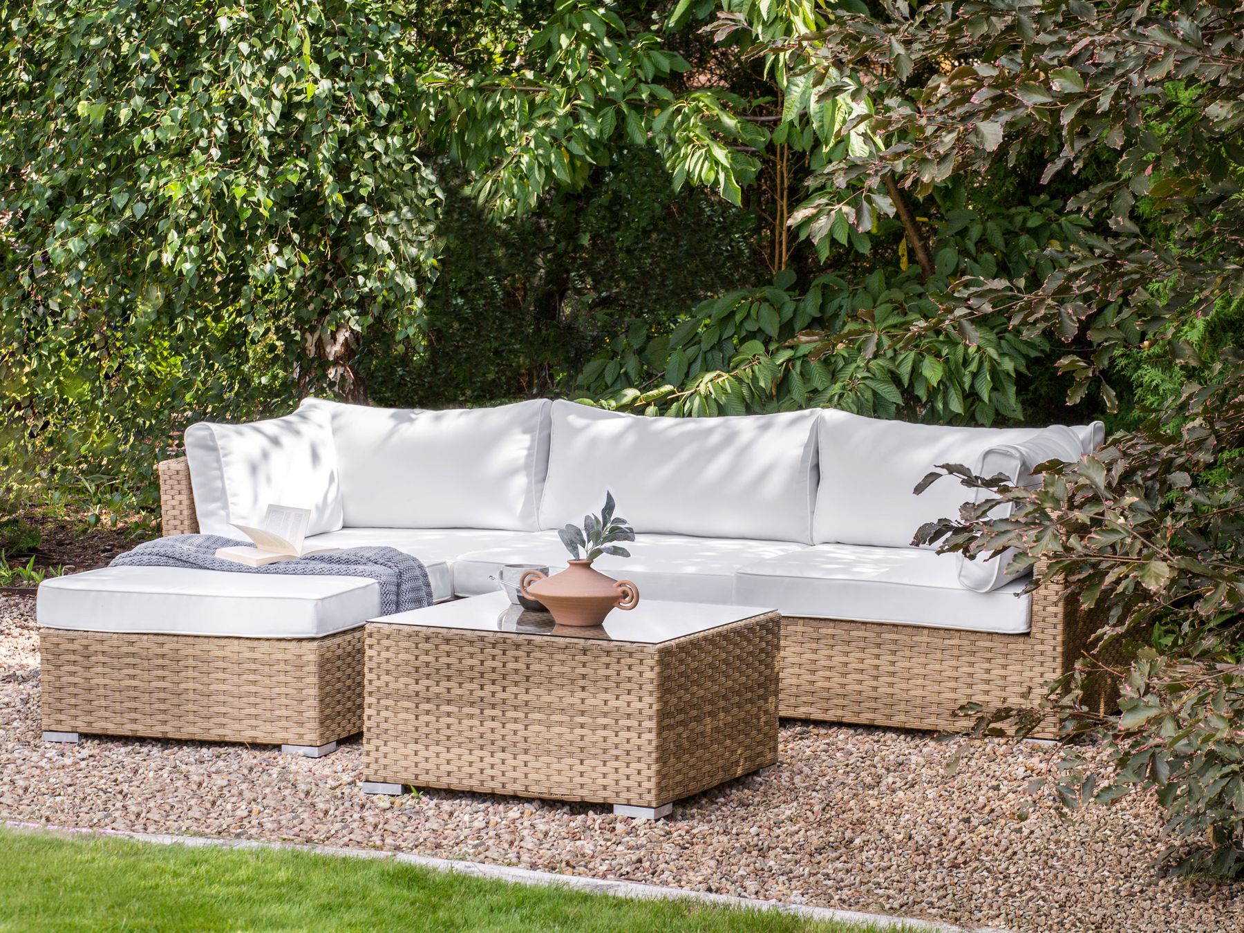Garden Corner Sofa with Table 4 Seater SANO Right Hand Modular PE Rattan Natural
