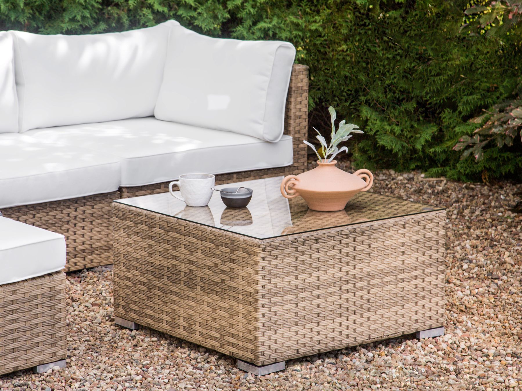 Garden Corner Sofa with Table 4 Seater SANO Right Hand Modular PE Rattan Natural