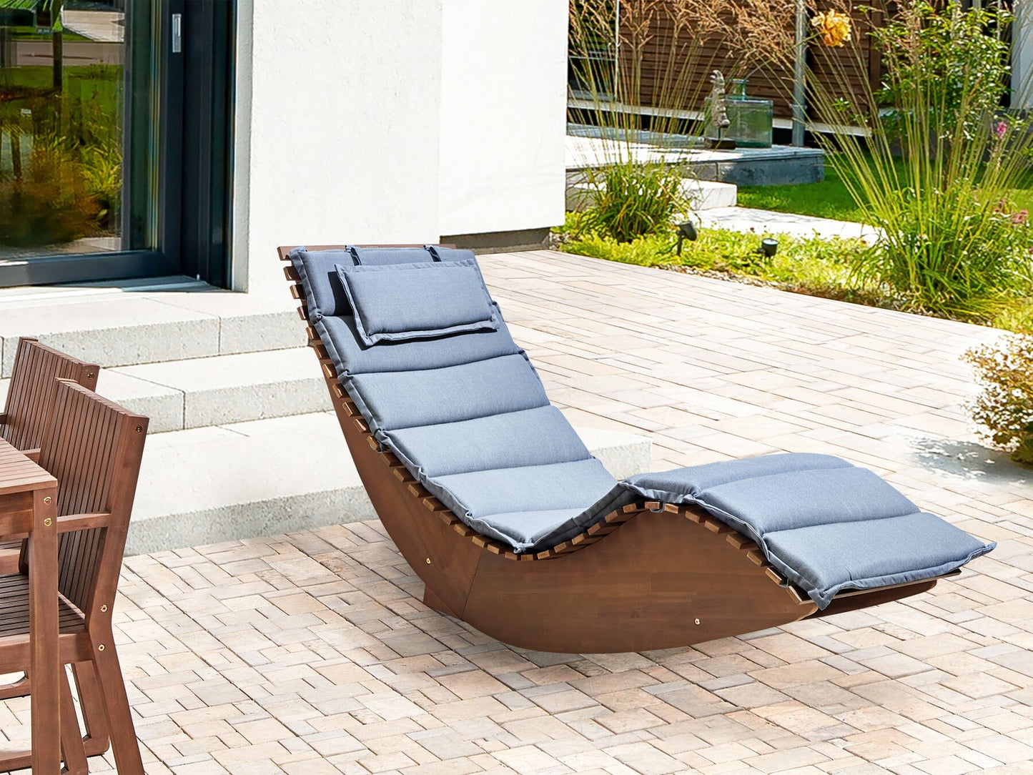 Acacia Wood Garden Sun Lounger Light with Cushion Blue BRESCIA II