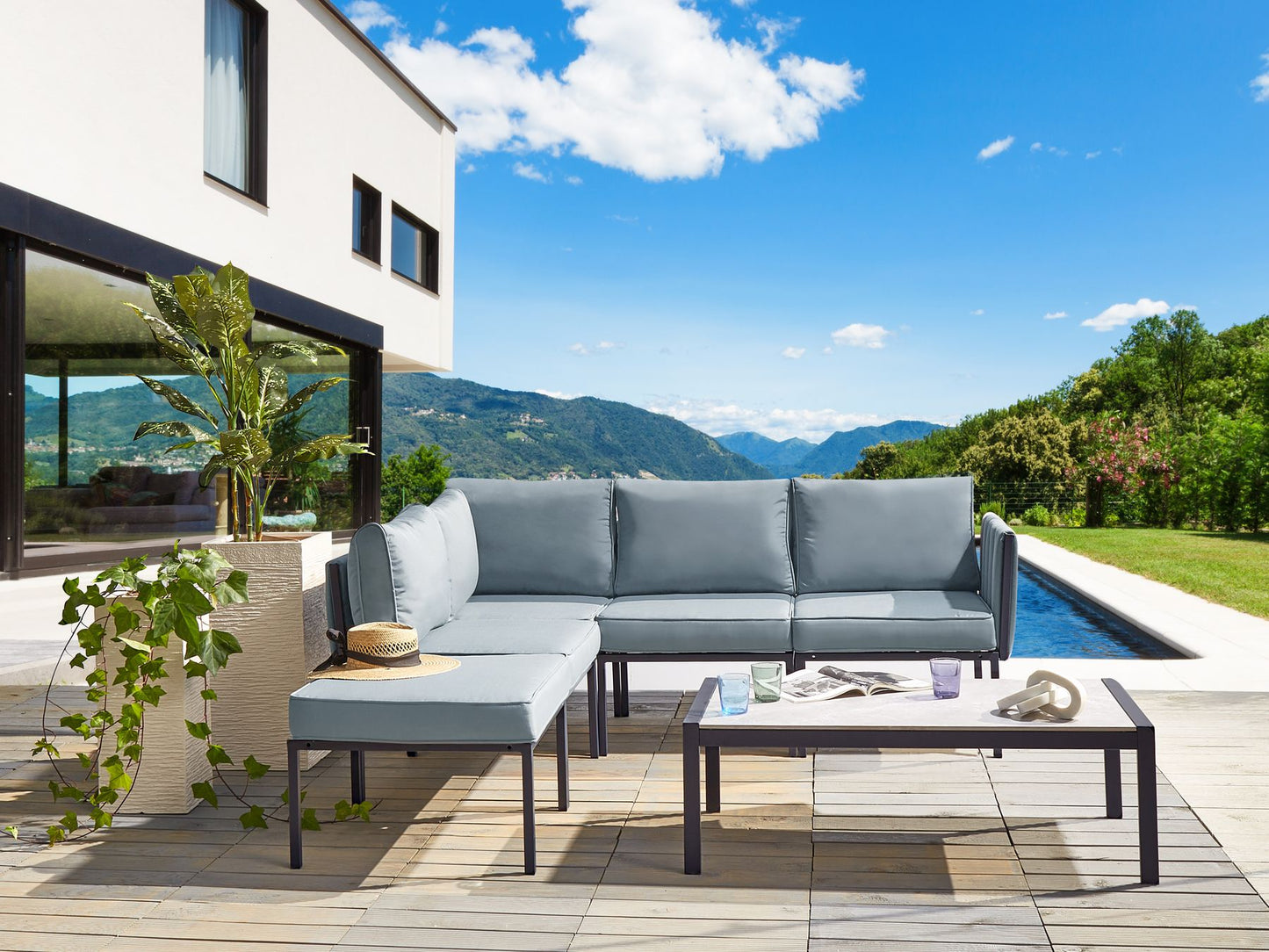 Garden Lounge Set with Table 5 Seater SKALA Metal Dark Grey