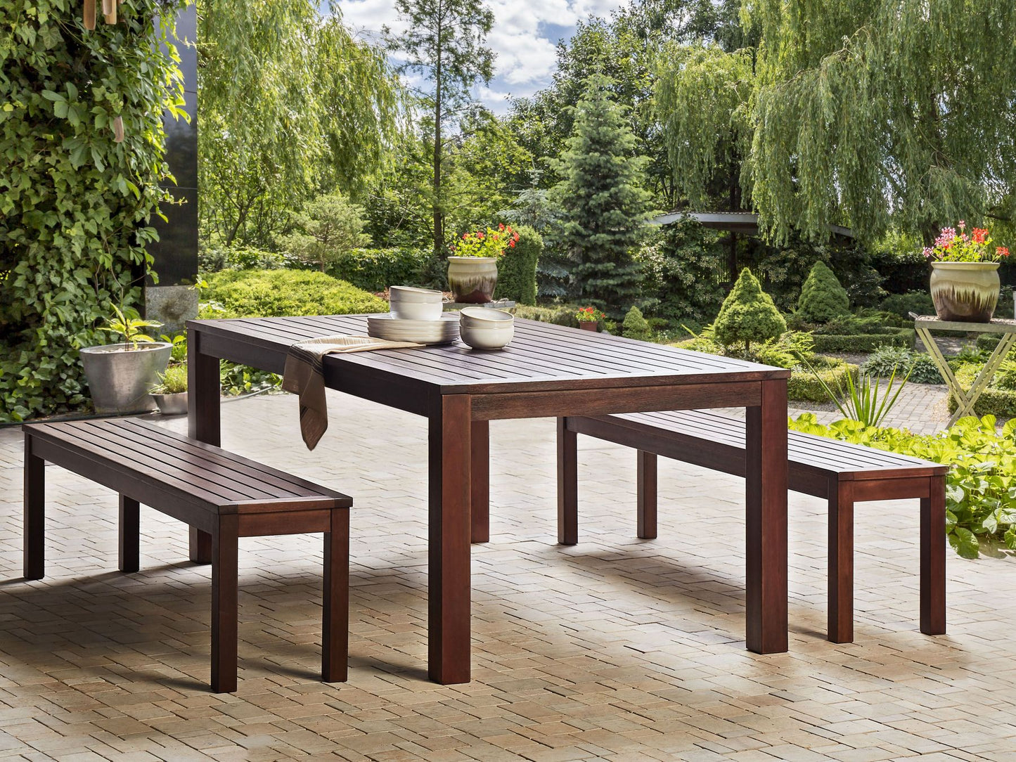 Garden Dining Set with Benches 6 Seater TUSCANIA Eucalyptus Wood Dark Brown