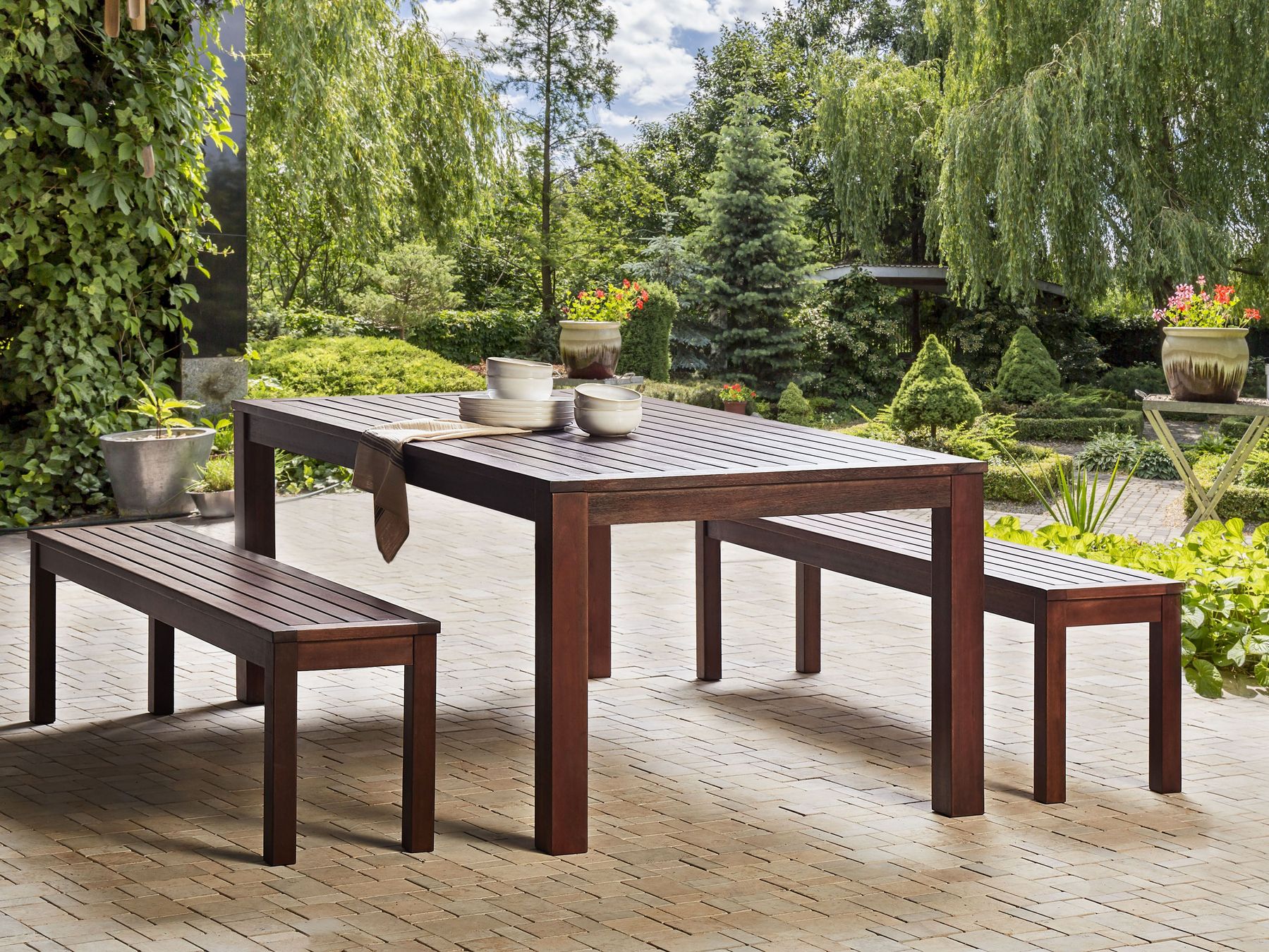 Garden Dining Set with Benches 6 Seater TUSCANIA Eucalyptus Wood Dark Brown