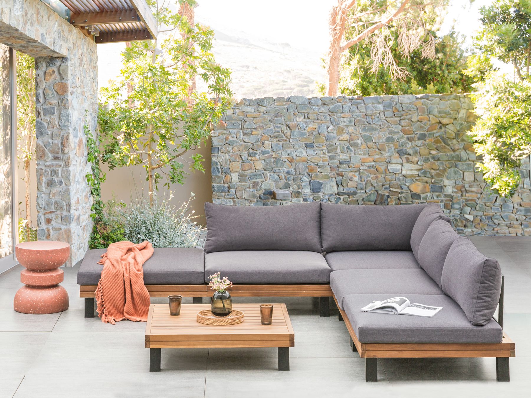 Garden Corner Sofa with Table 5 Seater FRAZZANO Modular Certified Acacia Wood Grey