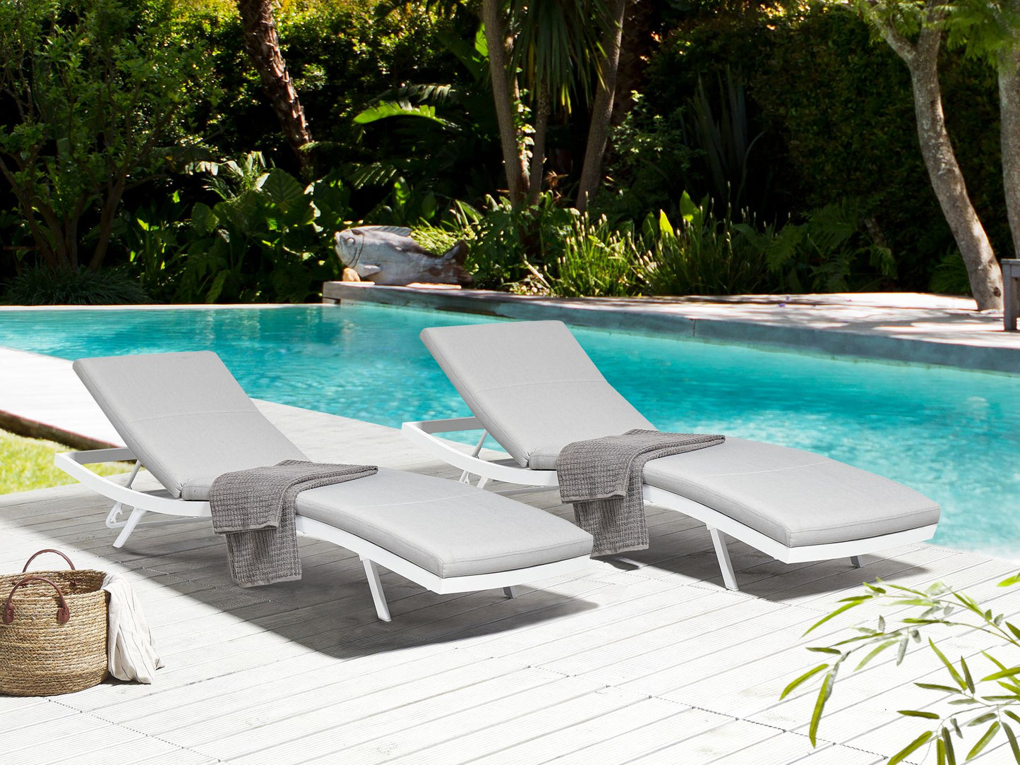Set of 2 Fabric Reclining Sun Loungers Light Grey AMELIA