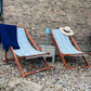 Set of 2 Acacia Folding Deck Chairs and 2 Replacement Fabrics Dark Wood with Off-White / White and Blue Pattern ANZIO