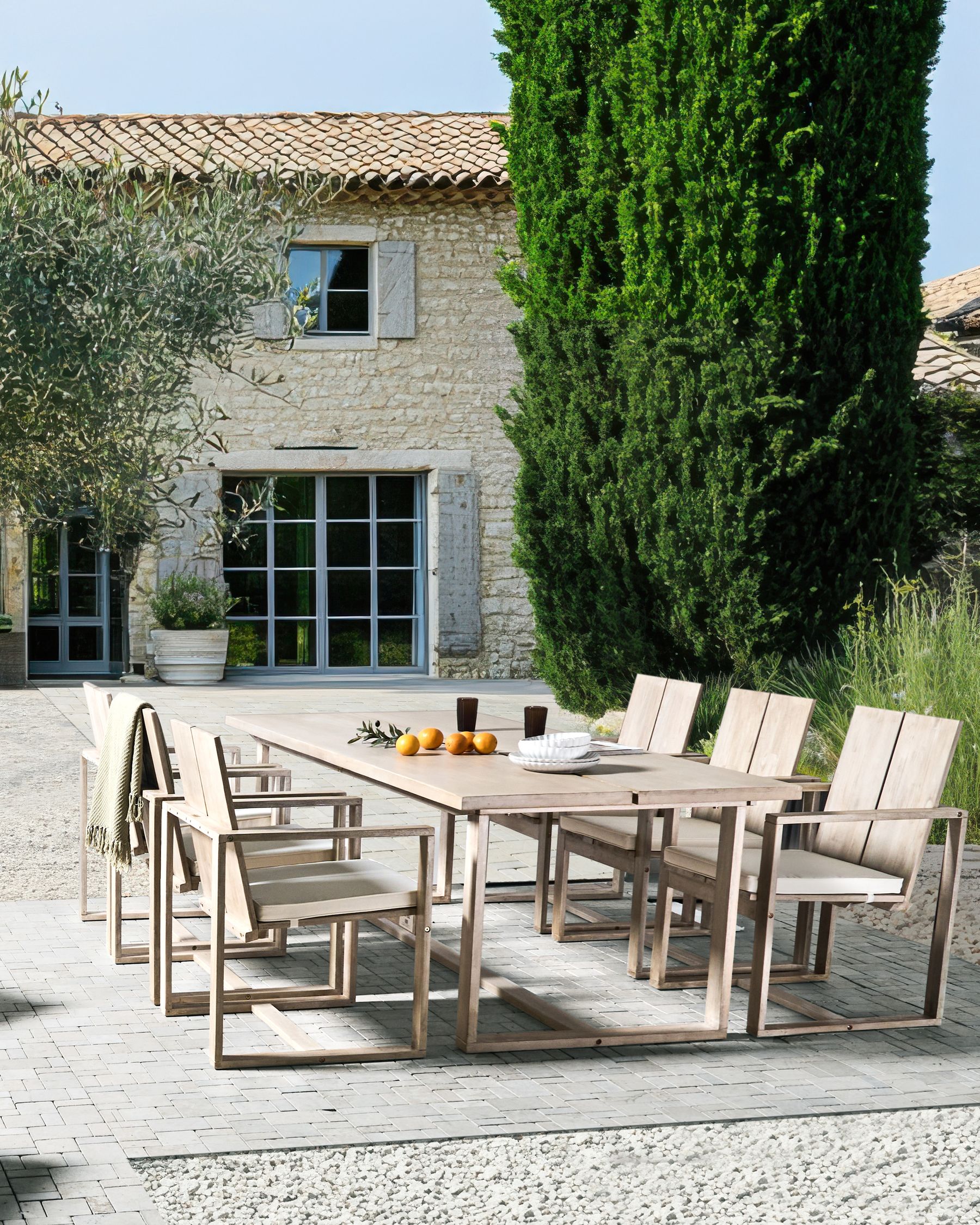 Set of 6 Garden Chairs with Cushions AZZANELLO Acacia Wood Off-White