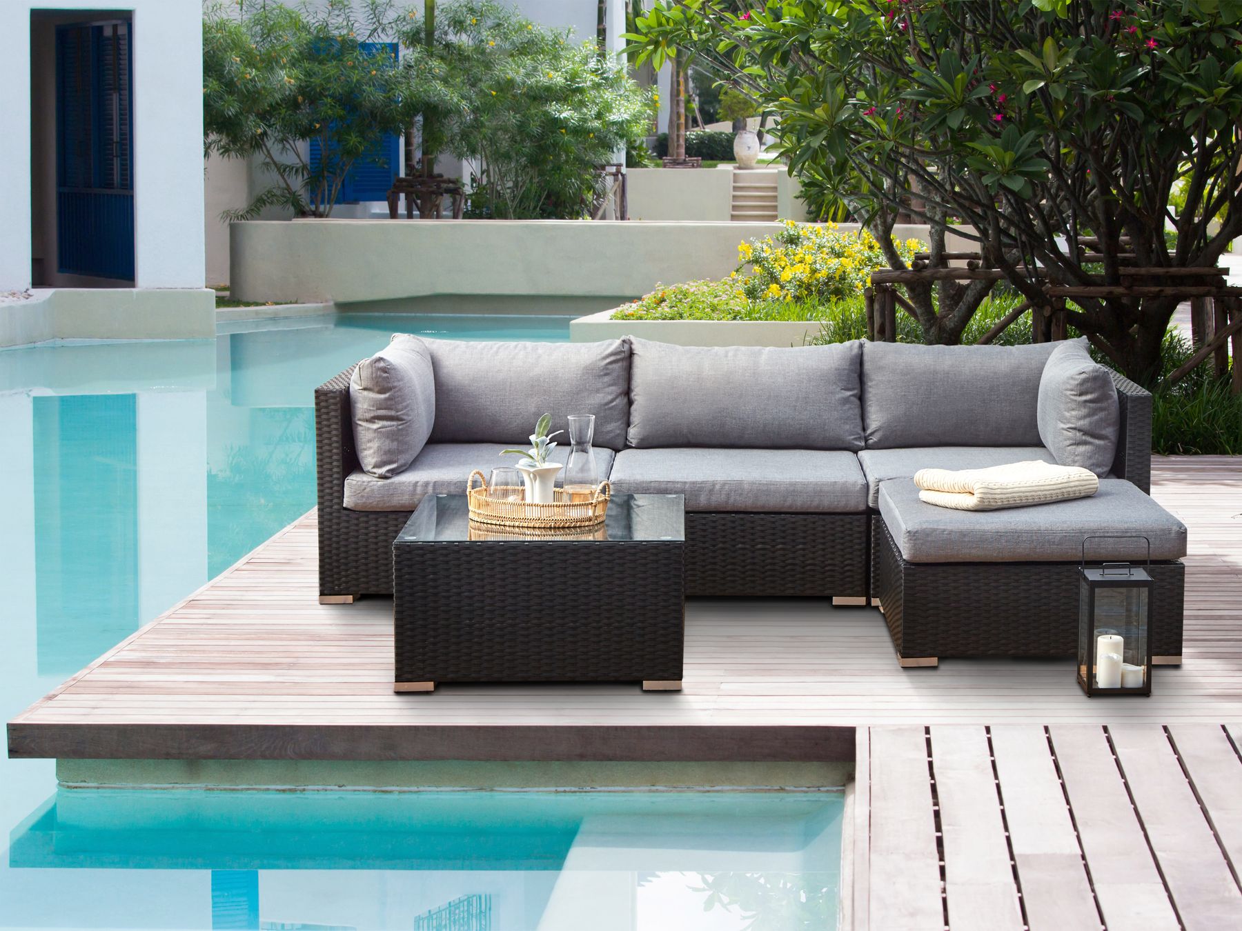 Garden Corner Sofa with Table 4 Seater SANO Left Hand PE Rattan Black