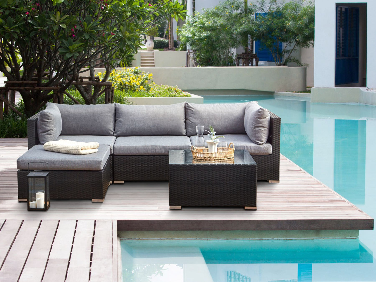 Garden Corner Sofa with Table 4 Seater SANO Right Hand PE Rattan Black